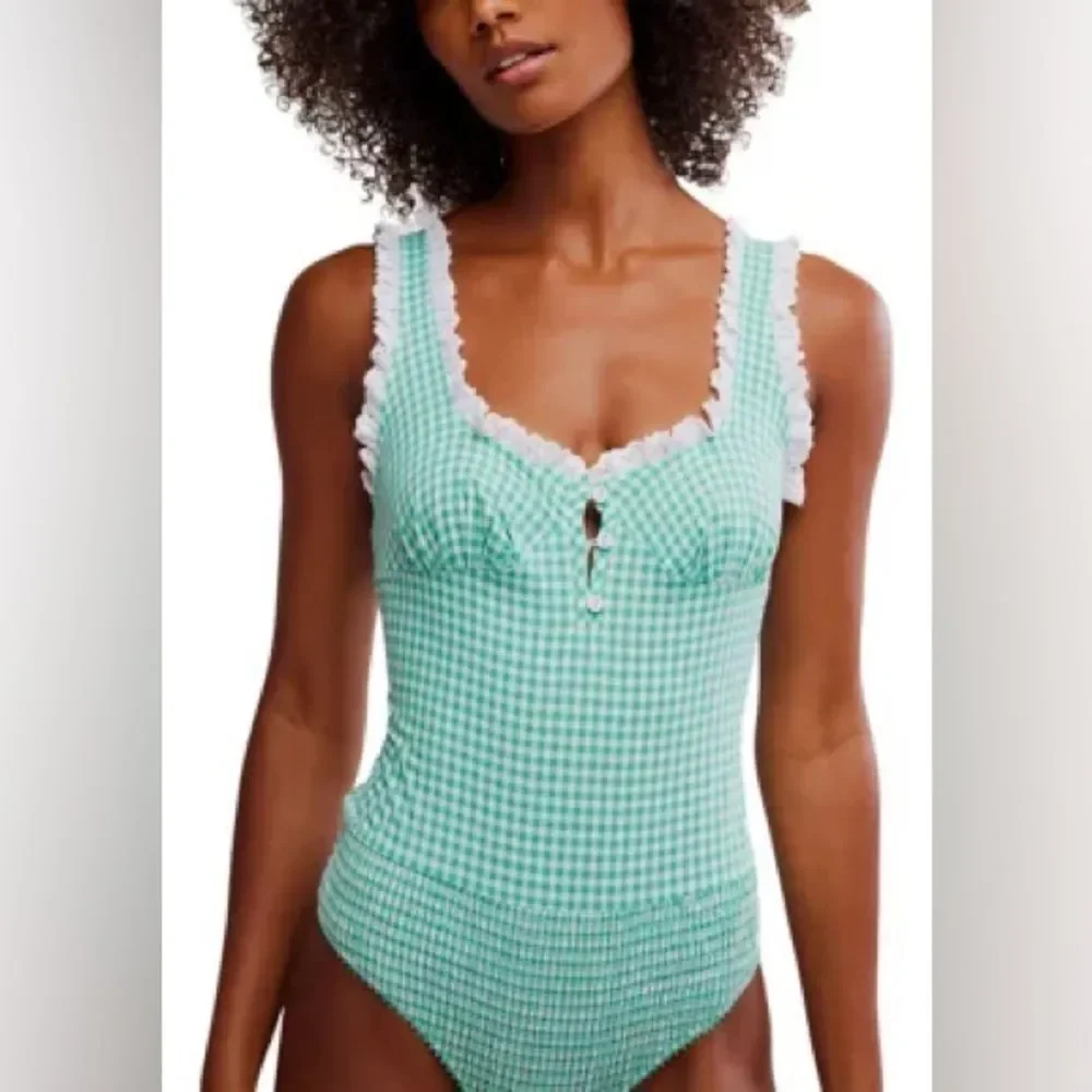 Free People Green Gingham Lace Bodysuit